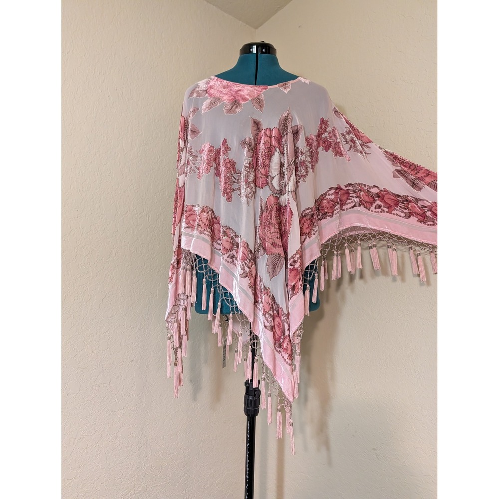 Cache Pink Floral Devore Burnout Velvet Poncho Beaded Tassel Fringe Silk OS NWT